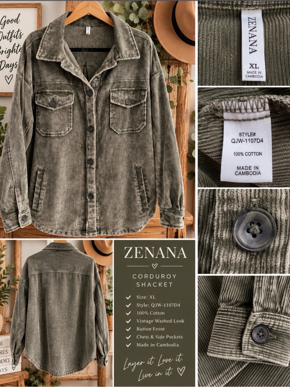 Zenana XL Vintage Wash Corduroy Shacket Olive Gray Oversized Boho Jacket -NWOT